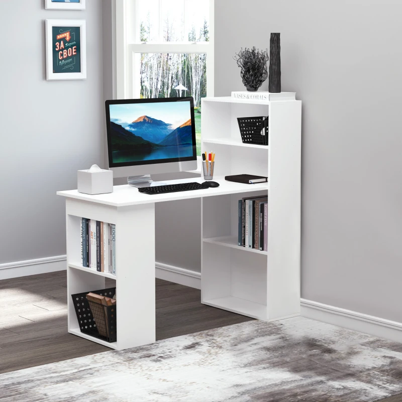 HOMCOM 120cm Modern Computer Desk Bookshelf Writing Table Workstation White 6 Shelves(m-14)