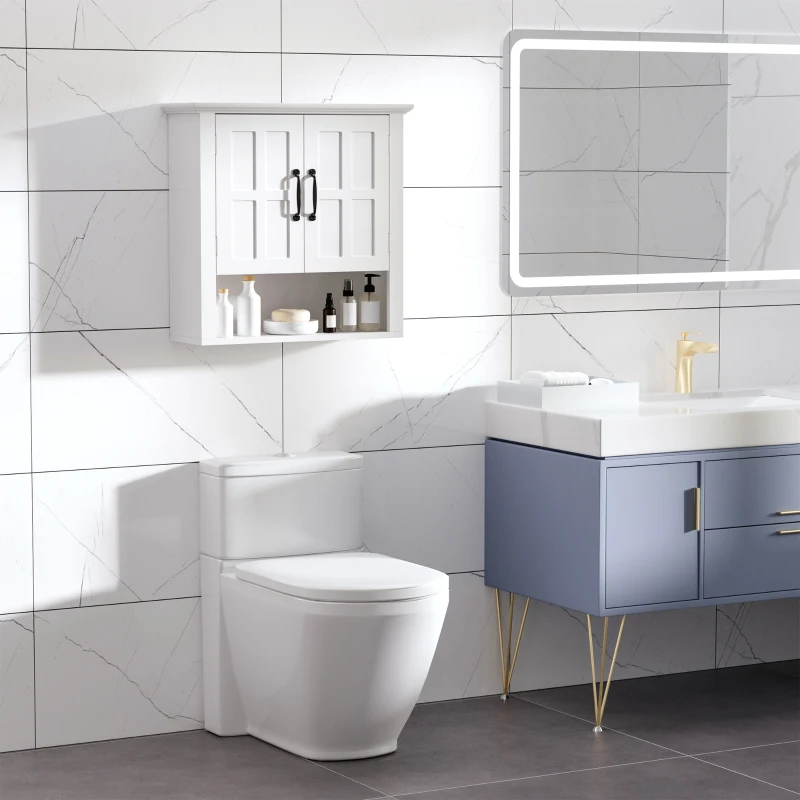 HOMCOM Dulapior 2 Rafturi de Montat pe Perete de Perete Bucatarie Baie Lemn 60x19,8x58cm Alb