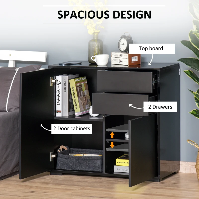 HOMCOM High Gloss Frame Sideboard, Side Cabinet, Push-Open Design with 2 Drawer for Living Room, Bedroom, Black