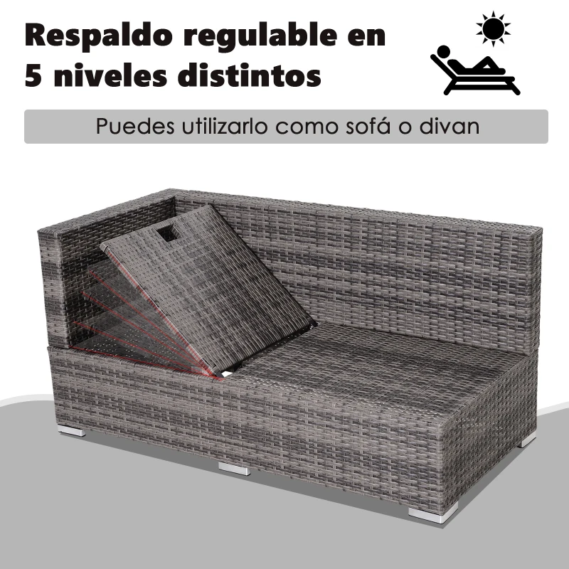 Outsunny Conjunto de sofá de vime de 3 peças com chaise longue e mesa de centro Encosto ajustável em altura amplo espaço de armazenamento cinza