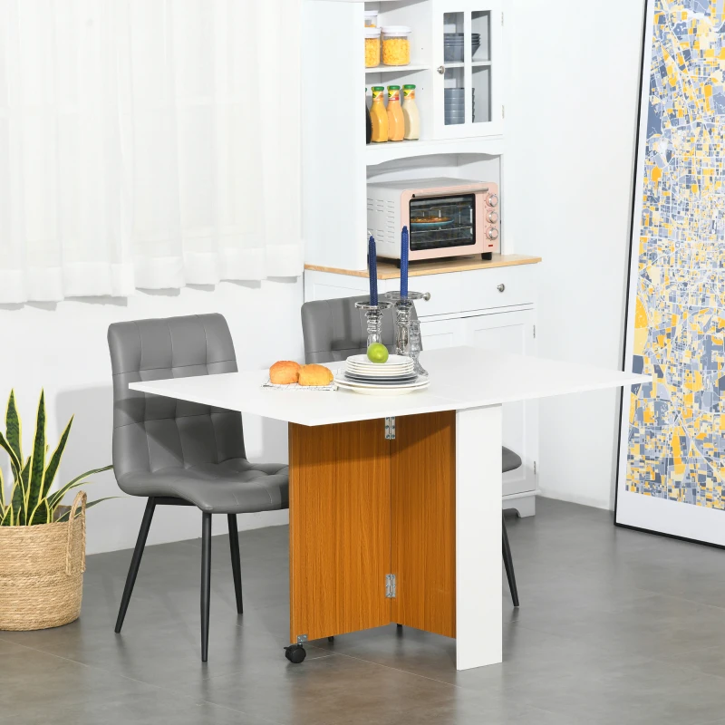 HOMCOM Folding Dining Table Writing Desk Workstation w/ Casters Teak Colour, White
