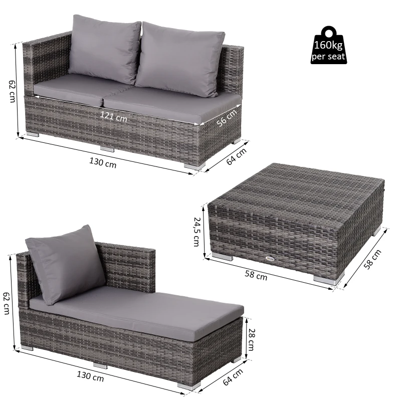 Outsunny Conjunto de sofá de vime de 3 peças com chaise longue e mesa de centro Encosto ajustável em altura amplo espaço de armazenamento cinza