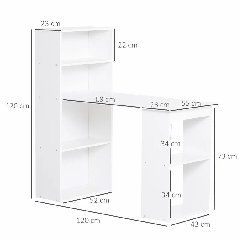 HOMCOM 120cm Modern Computer Desk Bookshelf Writing Table Workstation White 6 Shelves(m-3)