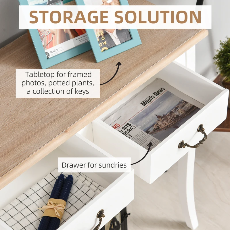 HOMCOM Console Table with 2 Convenient Storage Drawers, Tabletop for Display, and Vintage Design, White