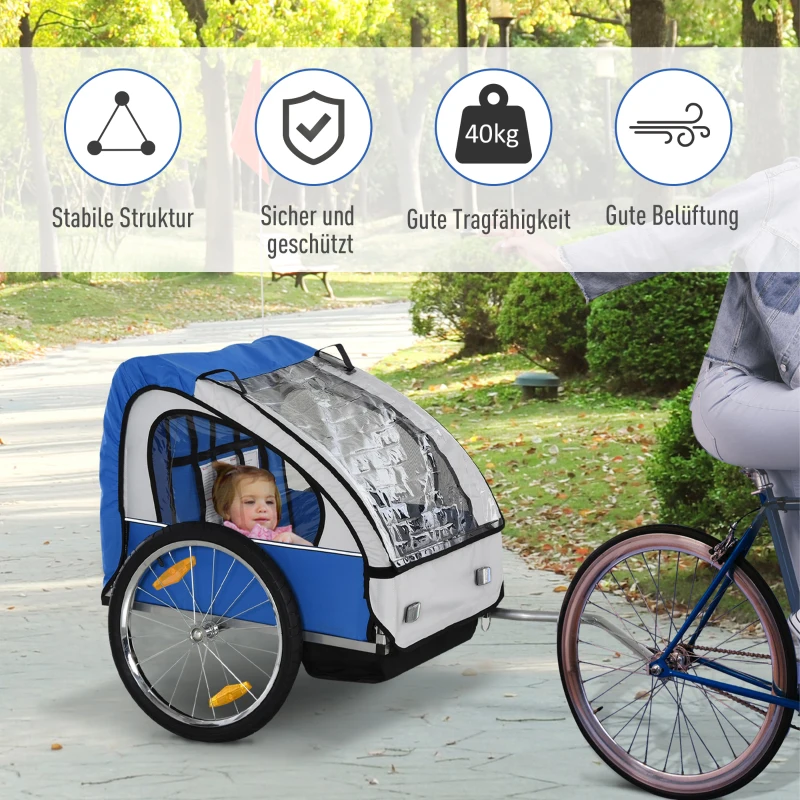 HOMCOM Kinderanhänger Kinderfahrrad geeignet für 2 Kinder, Stahlrahmen, Sitzträger mit Sicherheitsgurt, für Kinder ab 18 Monaten, Oxford-Gewebe, Stahl, 130x76x88 cm, Blau+Weiß