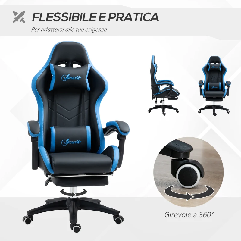 Vinsetto Sedia da Gaming con Altezza Regolabile e Schienale Reclinabile, 65x65x121-129 cm, Blu e Nero