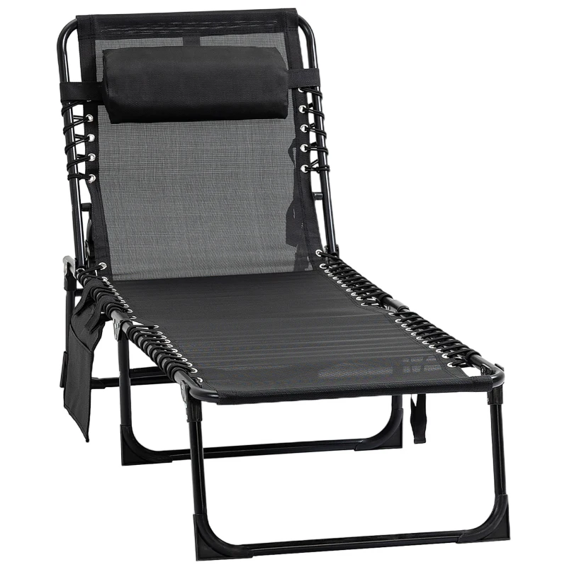 Outsunny Portable Sun Lounger, Folding Camping Bed Cot, Reclining Lounge Chair 5-position Adjustable Backrest with Side Pocket, Pillow for Patio Garden Beach Pool, Black