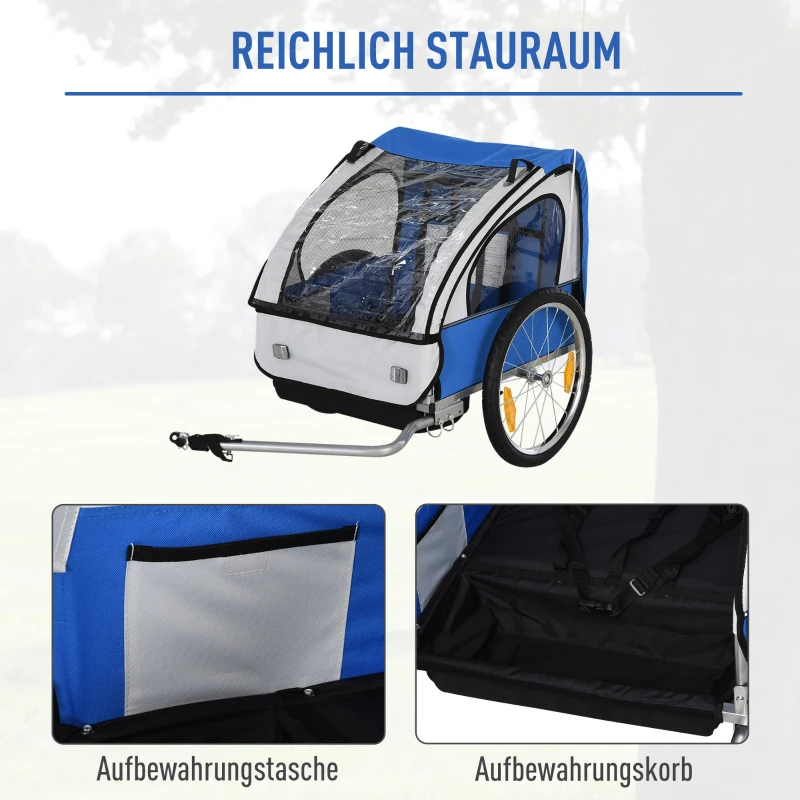 HOMCOM Kinderanhänger Kinderfahrrad geeignet für 2 Kinder, Stahlrahmen, Sitzträger mit Sicherheitsgurt, für Kinder ab 18 Monaten, Oxford-Gewebe, Stahl, 130x76x88 cm, Blau+Weiß