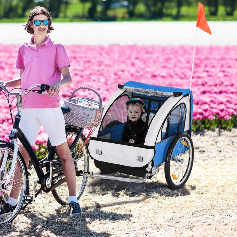 HOMCOM Kinderanhänger Kinderfahrrad geeignet für 2 Kinder, Stahlrahmen, Sitzträger mit Sicherheitsgurt, für Kinder ab 18 Monaten, Oxford-Gewebe, Stahl, 130x76x88 cm, Blau+Weiß