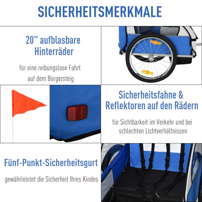 HOMCOM Kinderanhänger Kinderfahrrad geeignet für 2 Kinder, Stahlrahmen, Sitzträger mit Sicherheitsgurt, für Kinder ab 18 Monaten, Oxford-Gewebe, Stahl, 130x76x88 cm, Blau+Weiß