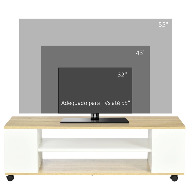 HOMCOM Móvel para TV com Rodas Armário para TV Flutuante com 2 Portas e 2 Prateleiras 120x40x38,5cm Branco e Madeira