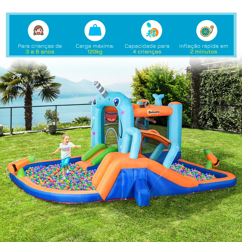 Outsunny Castelo Insuflável com Escorrega Trampolim Piscina Inflador e Bolsa de Transporte para Exterior 420x370x230cm Multicolorido