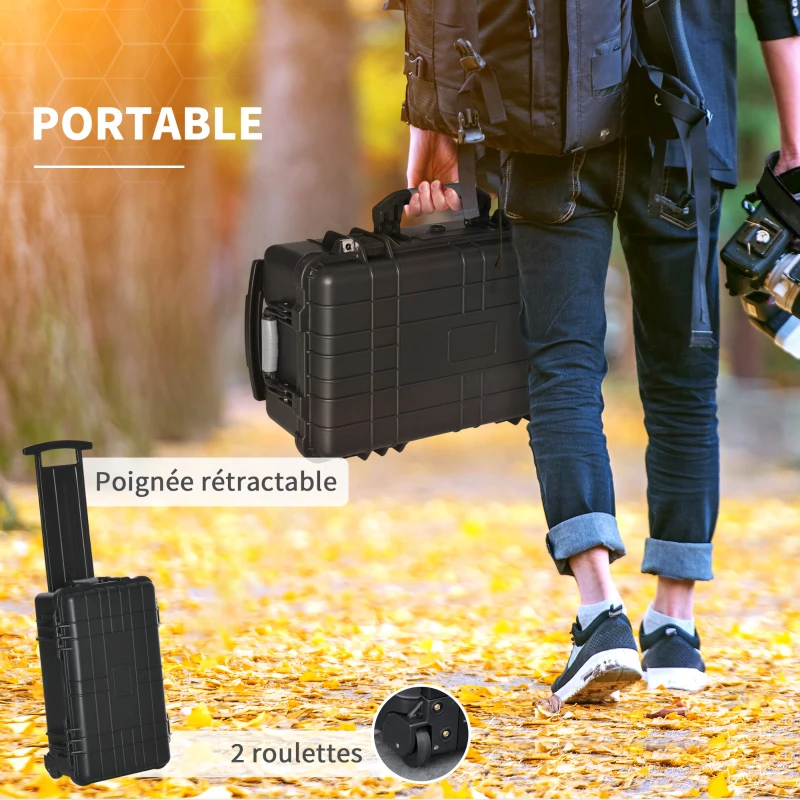 Valise antichoc - mallette d'extérieur appareil photo - mousse prédécoupée - étui rigide étanche appareil photo - poignée telescopique 2 roulettes - PP noir