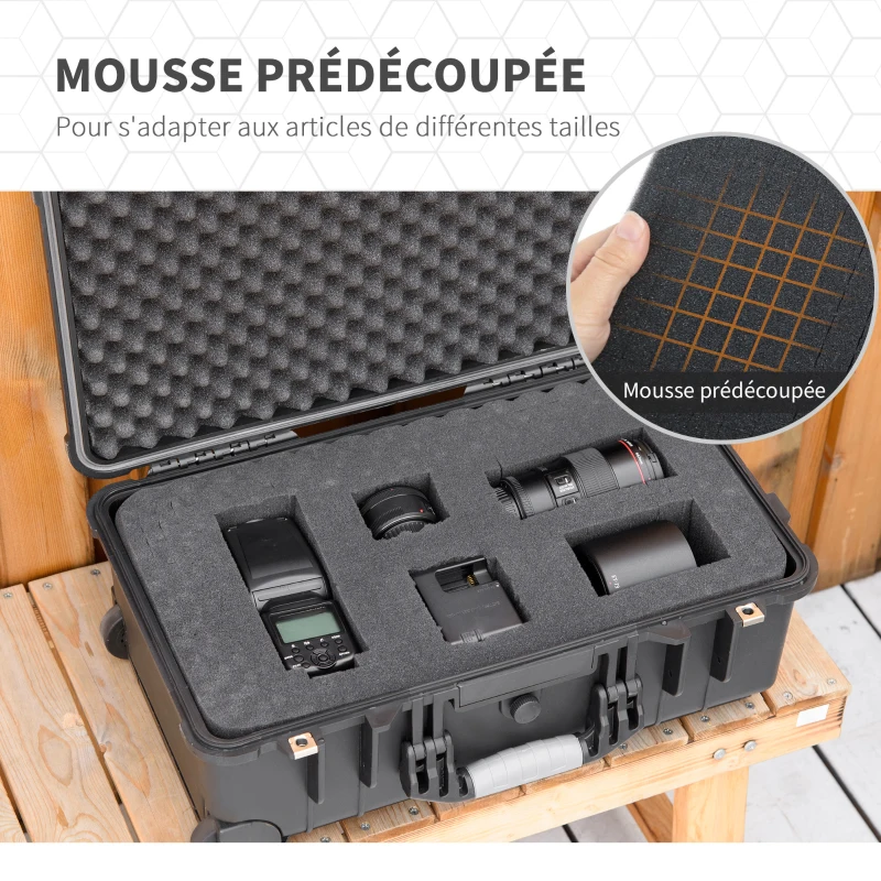 Valise antichoc - mallette d'extérieur appareil photo - mousse prédécoupée - étui rigide étanche appareil photo - poignée telescopique 2 roulettes - PP noir