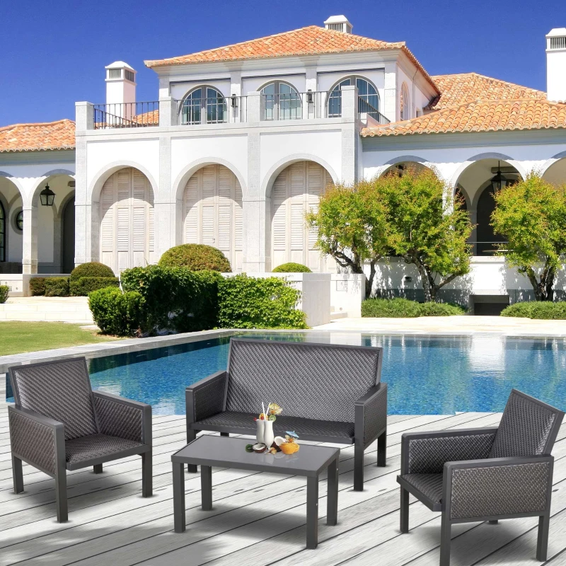 Outsunny 4 PCs Aluminum PE Rattan Wicker Sofa Set Outdoor Conservatory Furniture Lawn Patio Coffee Table, Deep Grey