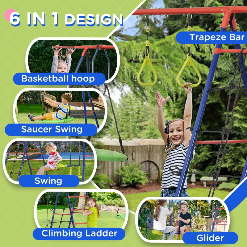 Outsunny 6 in 1 Metal Garden Swing Set, Kids Swing with Double Swings, Climbing Frame, Glider, Trapeze Bar, Basketball Hoop
