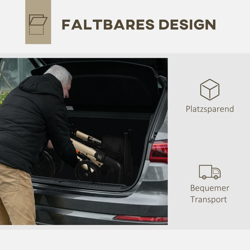 HOMCOM Rollator mit Stuhl Faltbarer Gehwagen Gehhilfe für Senioren mit 4 Rädern Stauraum Bremse höhenverstellbar Leichtgewicht Aluminium Gold+Grau 67 x 64 x 80-92 cm