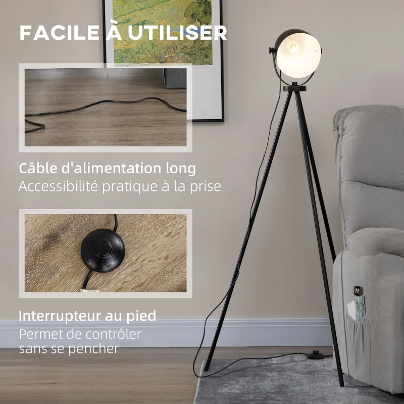 HOMCOM Lampadaire trépied lampadaire sur pied avec abat-jour style industriel en métal E27 40W max. 60 x 54 x 135 cm noir
