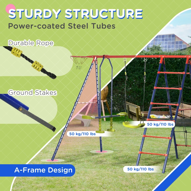 Outsunny 6 in 1 Metal Garden Swing Set, Kids Swing with Double Swings, Climbing Frame, Glider, Trapeze Bar, Basketball Hoop