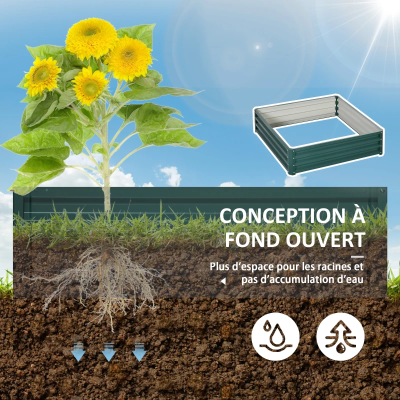 Outsunny Carré potager de jardin tôle d'acier ondulée 120 x 120 x 30 cm vert foncé