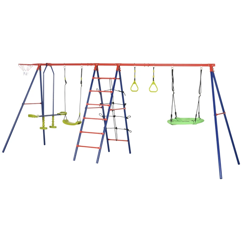 Outsunny 6 in 1 Metal Garden Swing Set, Kids Swing with Double Swings, Climbing Frame, Glider, Trapeze Bar, Basketball Hoop