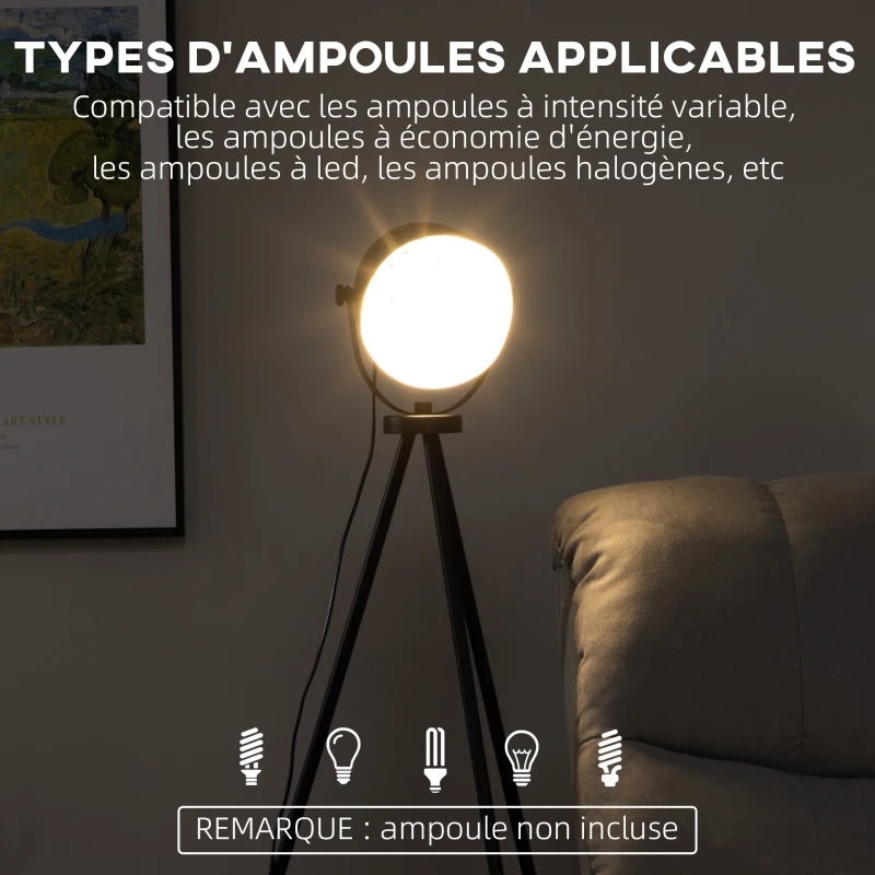 HOMCOM Lampadaire trépied lampadaire sur pied avec abat-jour style industriel en métal E27 40W max. 60 x 54 x 135 cm noir