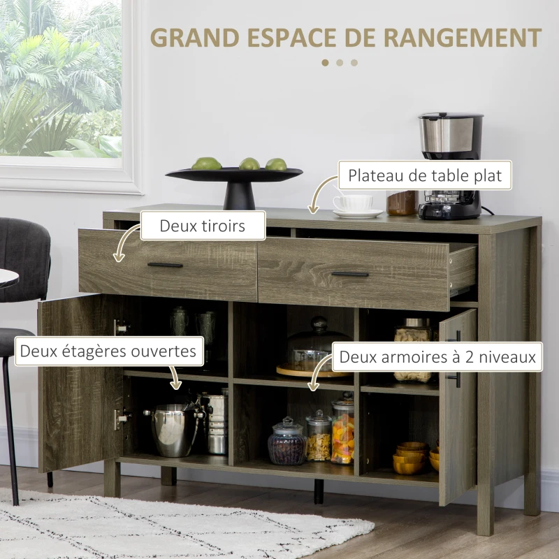 HOMCOM Buffet meuble de rangement 2 portes avec étagères, 2 tiroirs et 2 niches - dim. 120L x 39l x 83.8H cm