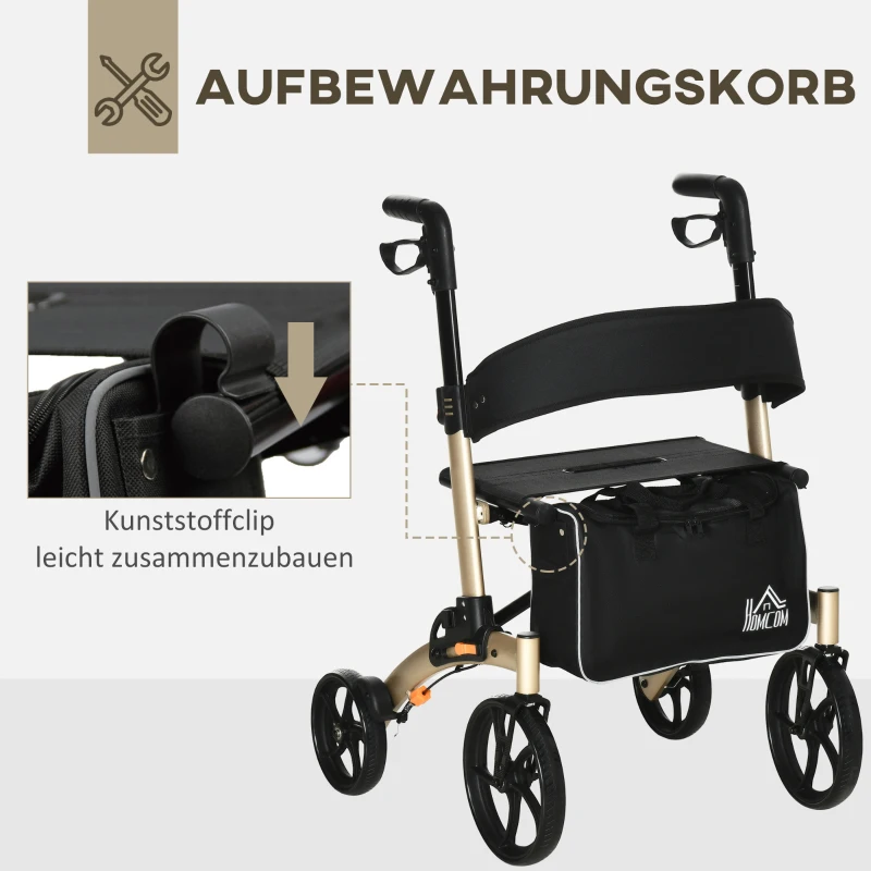HOMCOM Rollator mit Stuhl Faltbarer Gehwagen Gehhilfe für Senioren mit 4 Rädern Stauraum Bremse höhenverstellbar Leichtgewicht Aluminium Gold+Grau 67 x 64 x 80-92 cm