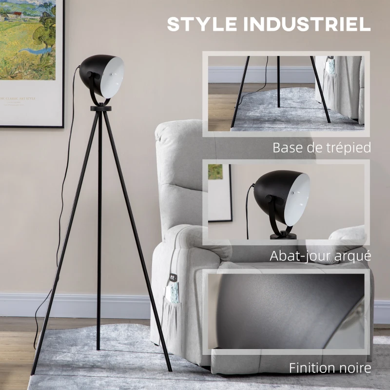 HOMCOM Lampadaire trépied lampadaire sur pied avec abat-jour style industriel en métal E27 40W max. 60 x 54 x 135 cm noir