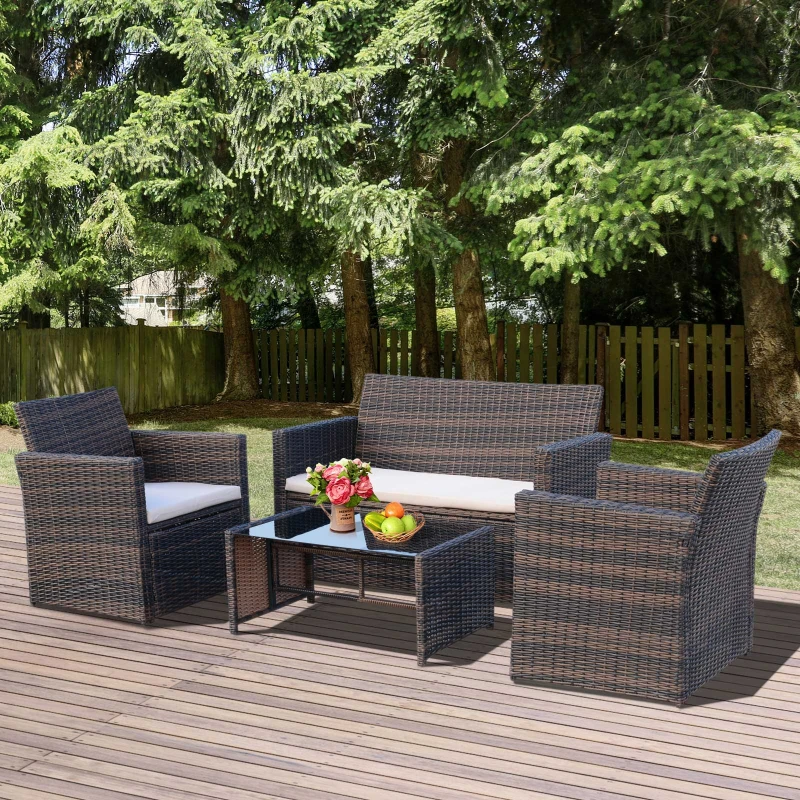Outsunny 4 Pieces PE Rattan Garden Sofa Set with Cushions, Outdoor Patio Wicker Weave Conservatory Furniture Set with a Loveseat, 2 Armchairs and a Glass Top Coffee Table, Mixed Brown