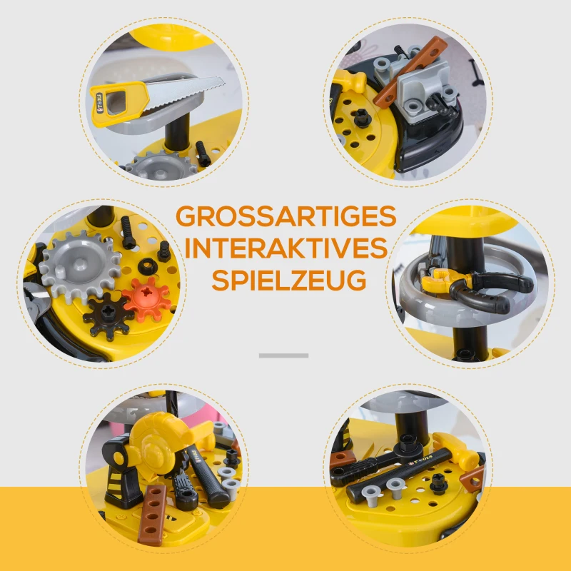 HOMCOM Kinder Werkbank Arbeitstisch Werkbanktisch mit 64 Zubehören Rollenspiel Spielzeug für 3-6 Jahre Gelb+Grau 66 x 30 x 68 cm