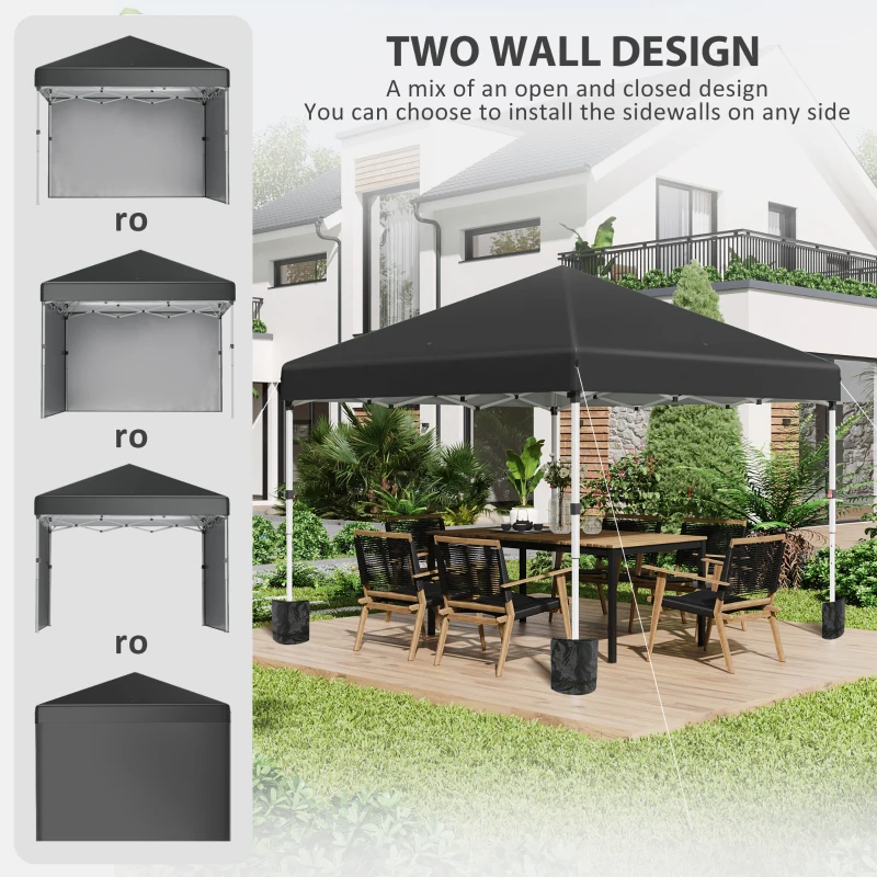 Outsunny Foisor Pop Up 3 x 3 (M) cu 2 pereti laterali, Saci de greutati pentru picioare si geanta de transport, Cort de petreci pentru evenimente in gradina, curte cu inaltime ajustabila, Negru