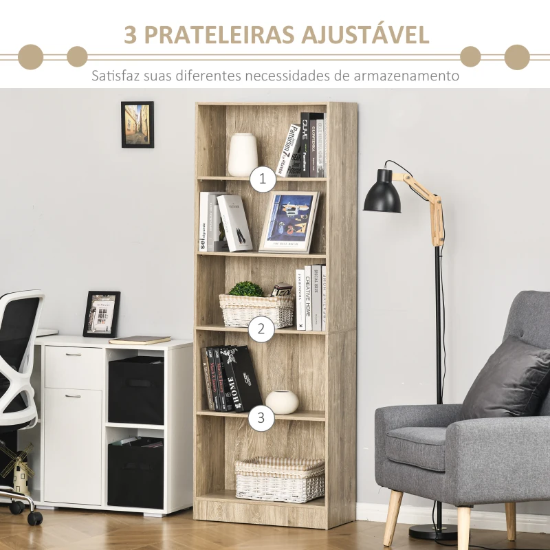 HOMCOM Estante para Livros de 5 Níveis com Prateleira Ajustável e Desenho Anti-Tombo Estante de Armazenamento 63x29,5x176 cm Madeira