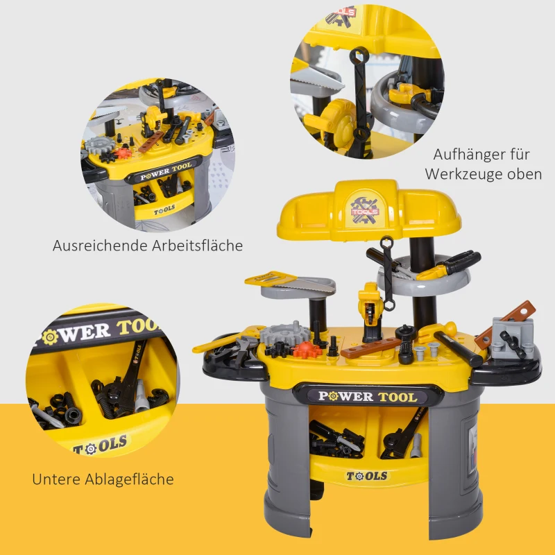 HOMCOM Kinder Werkbank Arbeitstisch Werkbanktisch mit 64 Zubehören Rollenspiel Spielzeug für 3-6 Jahre Gelb+Grau 66 x 30 x 68 cm