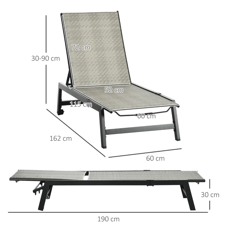 Outsunny Outdoor PE Rattan Sun Loungers, Patio Wicker Chaise Lounge Chair with 5-Position Backrest, Wheels for Sun Room, Garden, Poolside, Grey