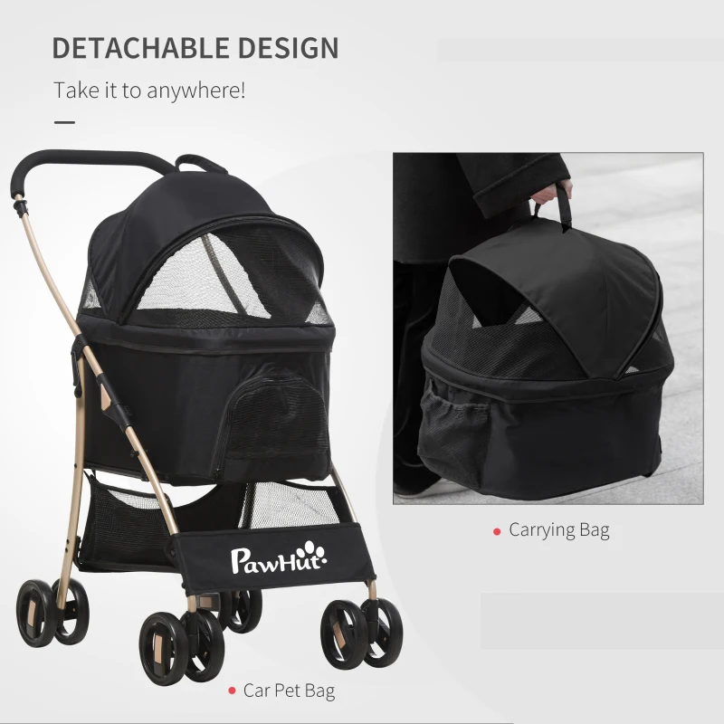 PawHut Carucior Detasabil pentru Animale de Companie, Carucior de Calatorie 3 in 1 pentru Caini si Pisici, Geanta de Transport Pliabila cu Roti Universale cu Frana, Copertina Cos de Depozitare, Negru