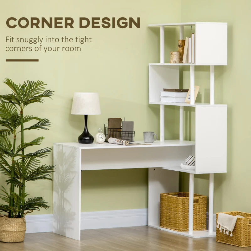 HOMCOM Birou Modern pentru Calculator in forma de L, Masa de scris, Birou de colt cu rafturi pe 4 nivele pentru biroul de acasa, alb