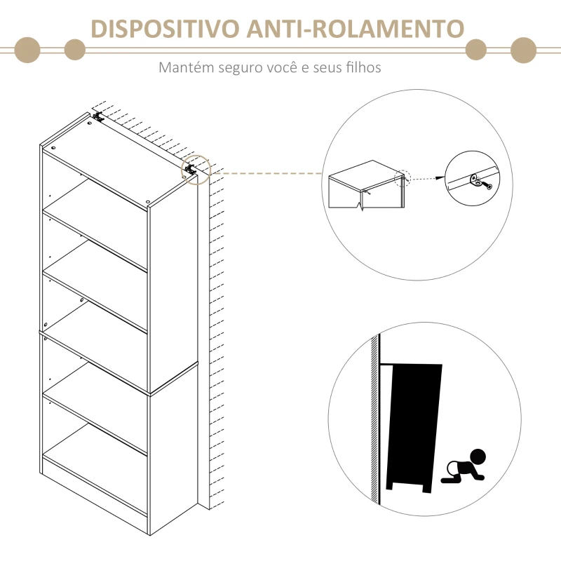 HOMCOM Estante para Livros de 5 Níveis com Prateleira Ajustável e Desenho Anti-Tombo Estante de Armazenamento 63x29,5x176 cm Madeira
