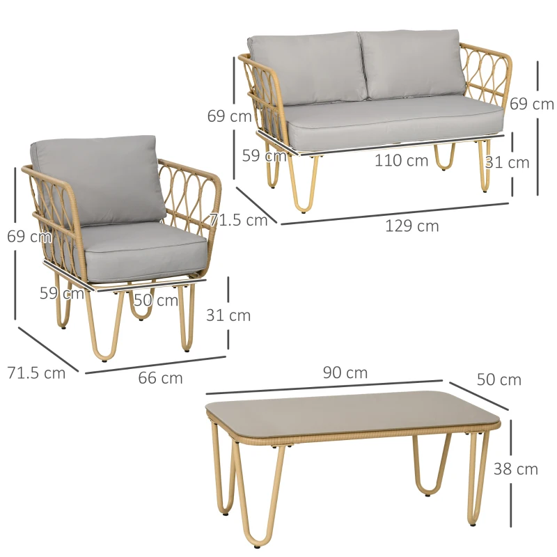 Outsunny Set canapea din ratan PE din 4 piese, Seturi de mobilier de conversatie pentru gradina impletite, cu impletitura rotunda, cu perne groase capitonate si masuta cu sticla pentru balcon