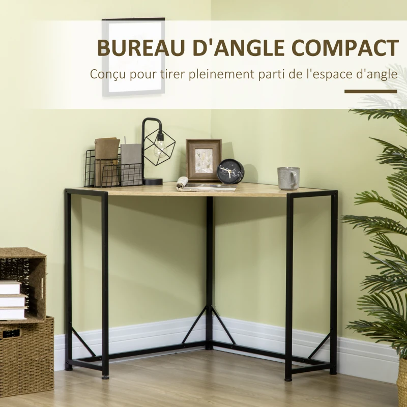 HOMCOM Bureau d'angle style industriel bureau Informatique cadre en en métal et bois 80 x 80 x 75,5 cm bois naturel