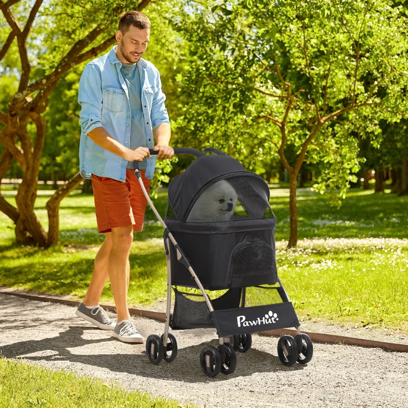 PawHut Carucior Detasabil pentru Animale de Companie, Carucior de Calatorie 3 in 1 pentru Caini si Pisici, Geanta de Transport Pliabila cu Roti Universale cu Frana, Copertina Cos de Depozitare, Negru