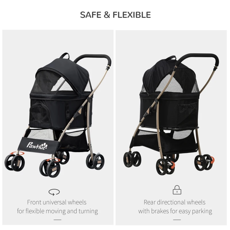 PawHut Carucior Detasabil pentru Animale de Companie, Carucior de Calatorie 3 in 1 pentru Caini si Pisici, Geanta de Transport Pliabila cu Roti Universale cu Frana, Copertina Cos de Depozitare, Negru