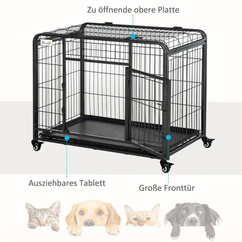 PawHut Transportbox auf 4 Rollen 94 cm x 58 cm x 69,5 cm Metall, PP, Schwarz