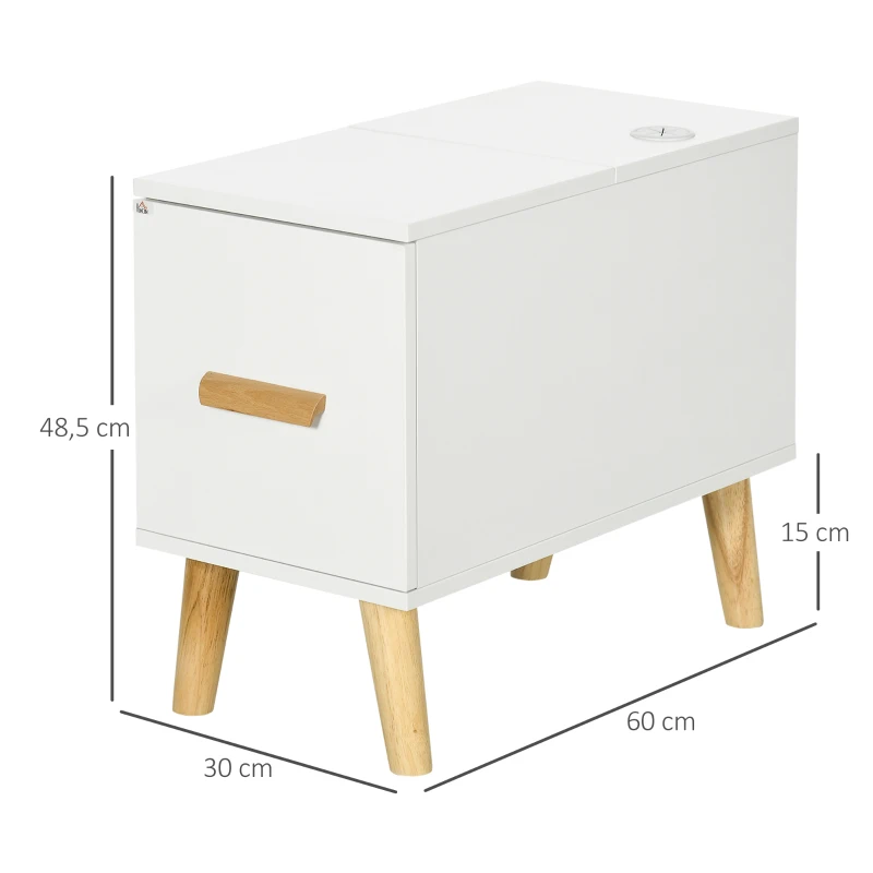 HOMCOM Mesa Auxiliar con Tapa Abatible Cajón y Patas de Madera de Caucho para Salón Dormitorio 60x30x48,5 cm Blanco