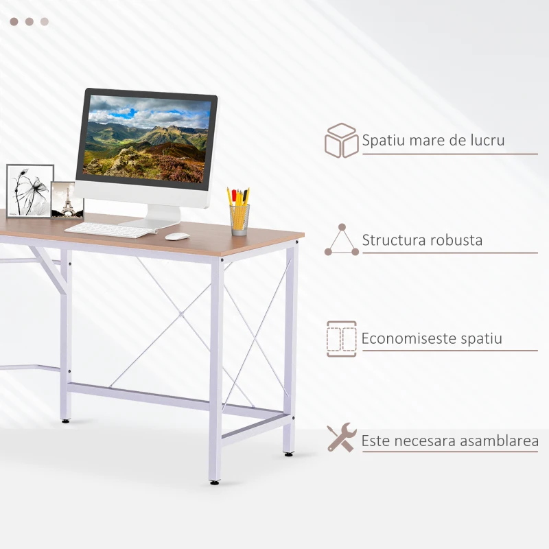 HOMCOM Birou pe Colt Spatiu Amplu din Lemn si Metal, Stejar si Alb