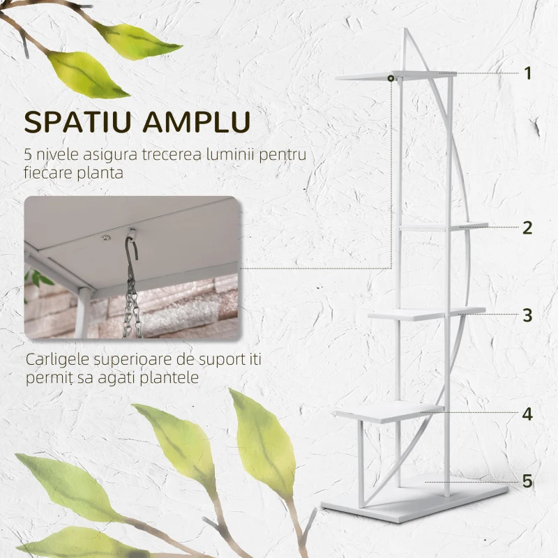 Outsunny Jardiniera din Metal cu 5 Etajere, Suport de flori pentru Interior si Exterior, 53x33x154cm, Alb