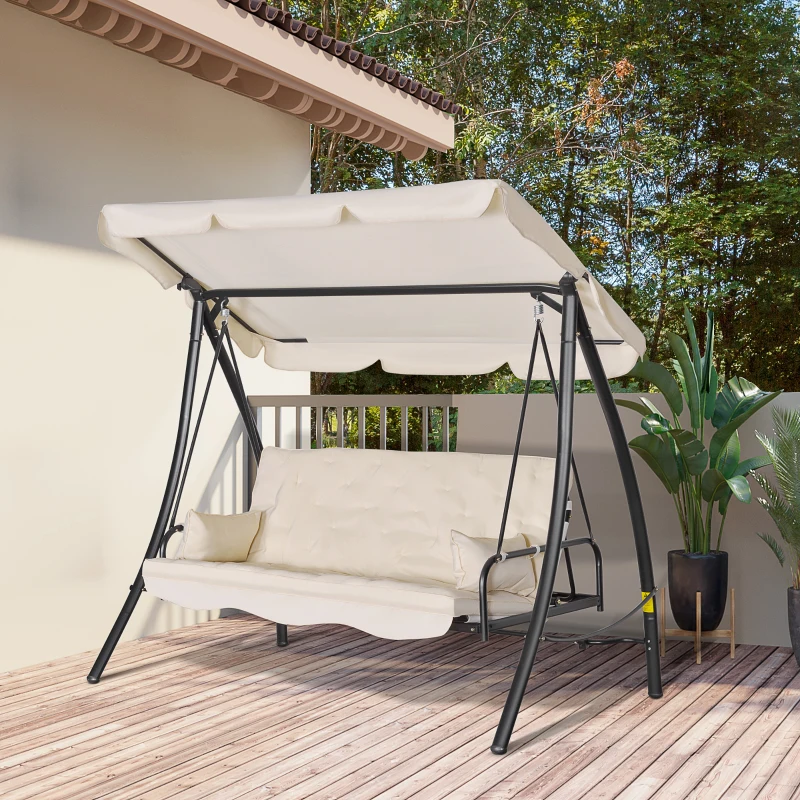Outsunny Dondolo da Giardino 3 Posti con Tetto Reclinabile Trasformabile Letto in Poliestere Crema 209 x 114 x 170cm