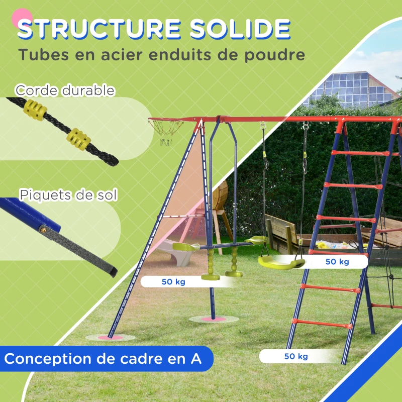 Outsunny Balançoire enfant extérieur portique 5 agrès + panier de basket dim. 4,35L x 1,35l x 1,77H m PE oxford acier époxy