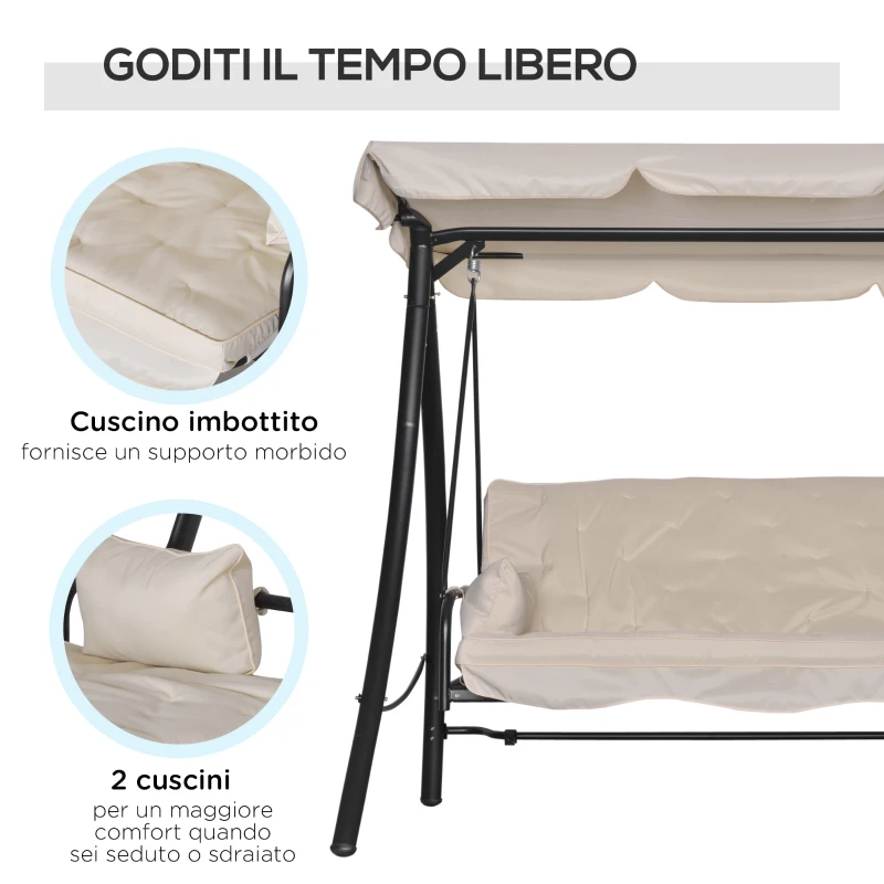 Outsunny Dondolo da Giardino 3 Posti con Tetto Reclinabile Trasformabile Letto in Poliestere Crema 209 x 114 x 170cm