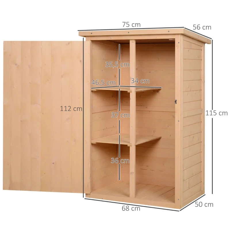Armário de Jardim de Madeira para Ferramentas com 3 Prateleiras Interiores Porta com Trava e Teto Asfáltico 75x56x115cm Madeira